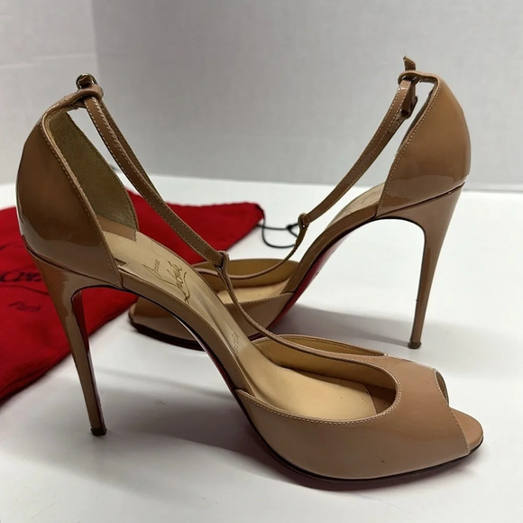 Christian Louboutin Senora T-strap High Heel Heels Shoes 100 MM Tan Nude Size 38 - Picture 8 of 13